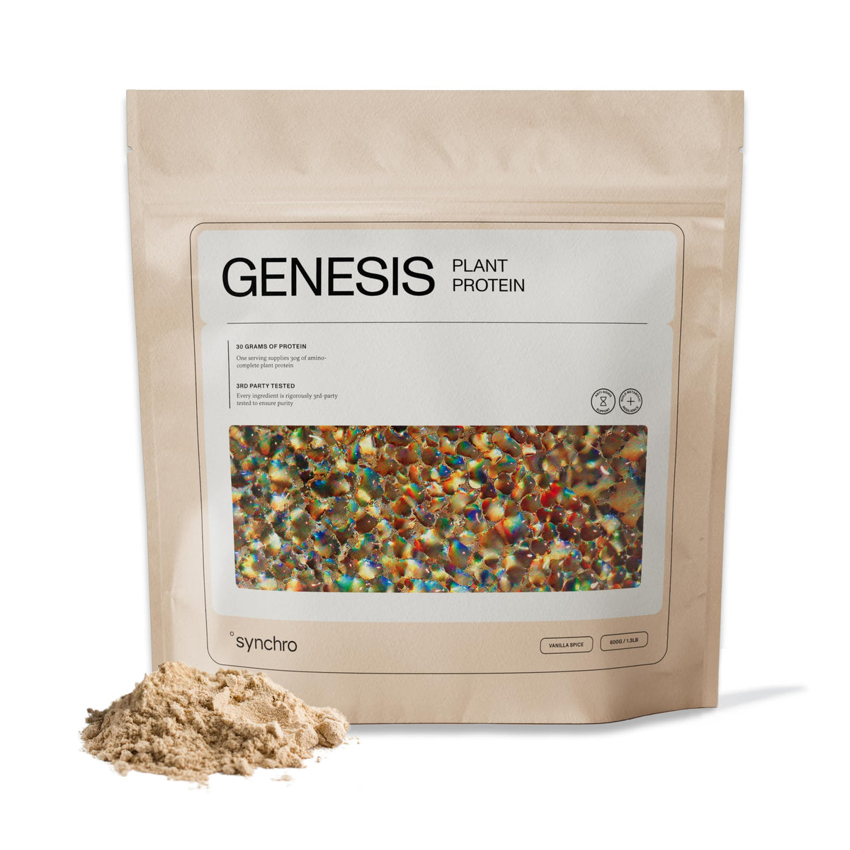 Synchro Genesis Vanilla Spice tub front highlighting premium ingredients for a high-protein blend.