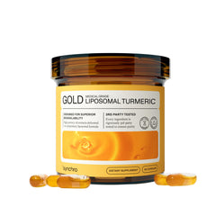 Synchro Gold liposomal turmeric bottle demonstrates nano-encapsulation for targeted gut delivery.