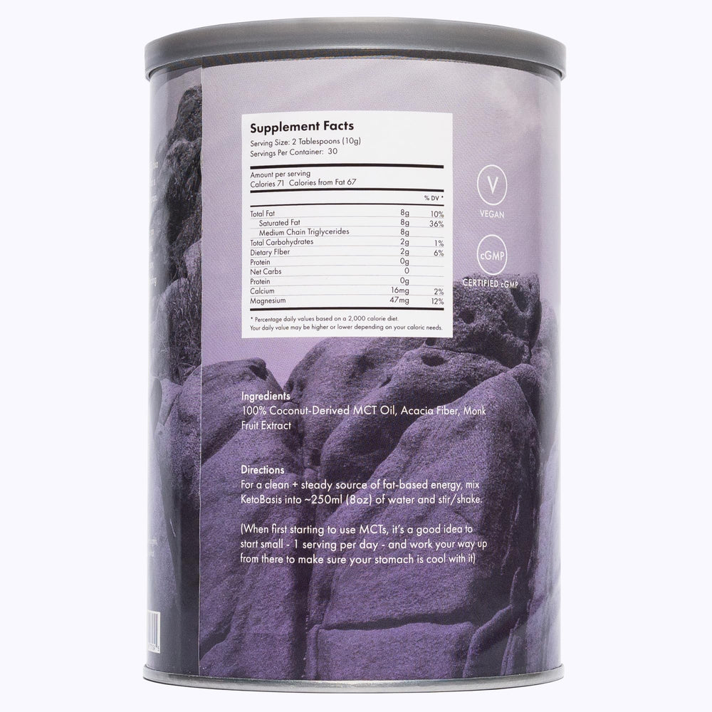 Synchro Ketobasis ingredients label highlights coconut MCTs and monk fruit.
