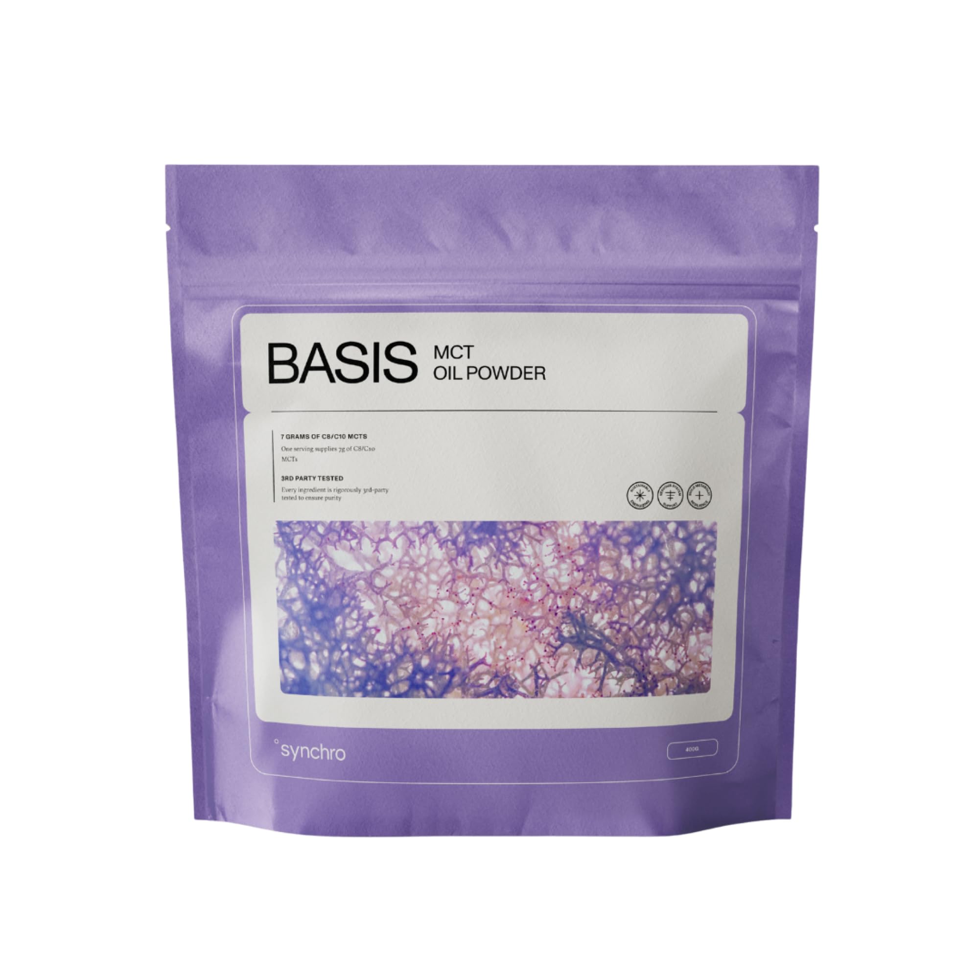 Synchro Ketobasis packaging shows vegan MCT powder for clean energy.