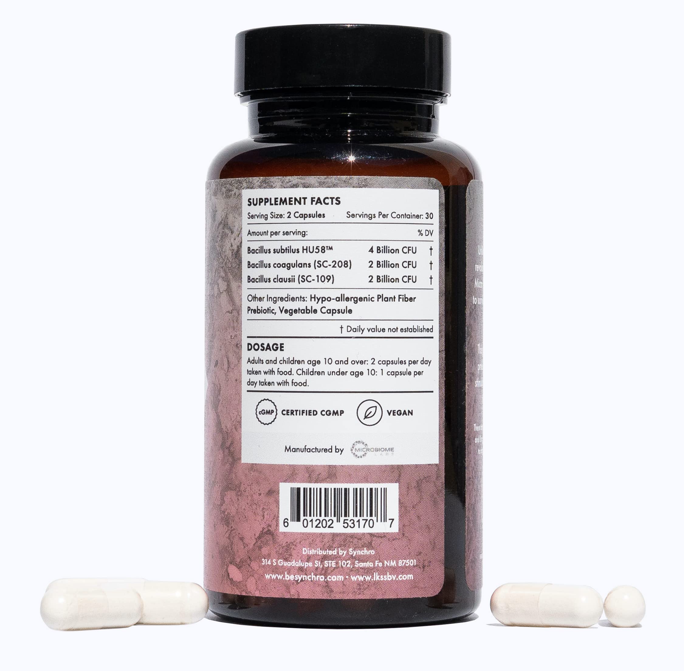 Synchro MicroBios capsules close-up highlighting spore-form probiotic benefits.