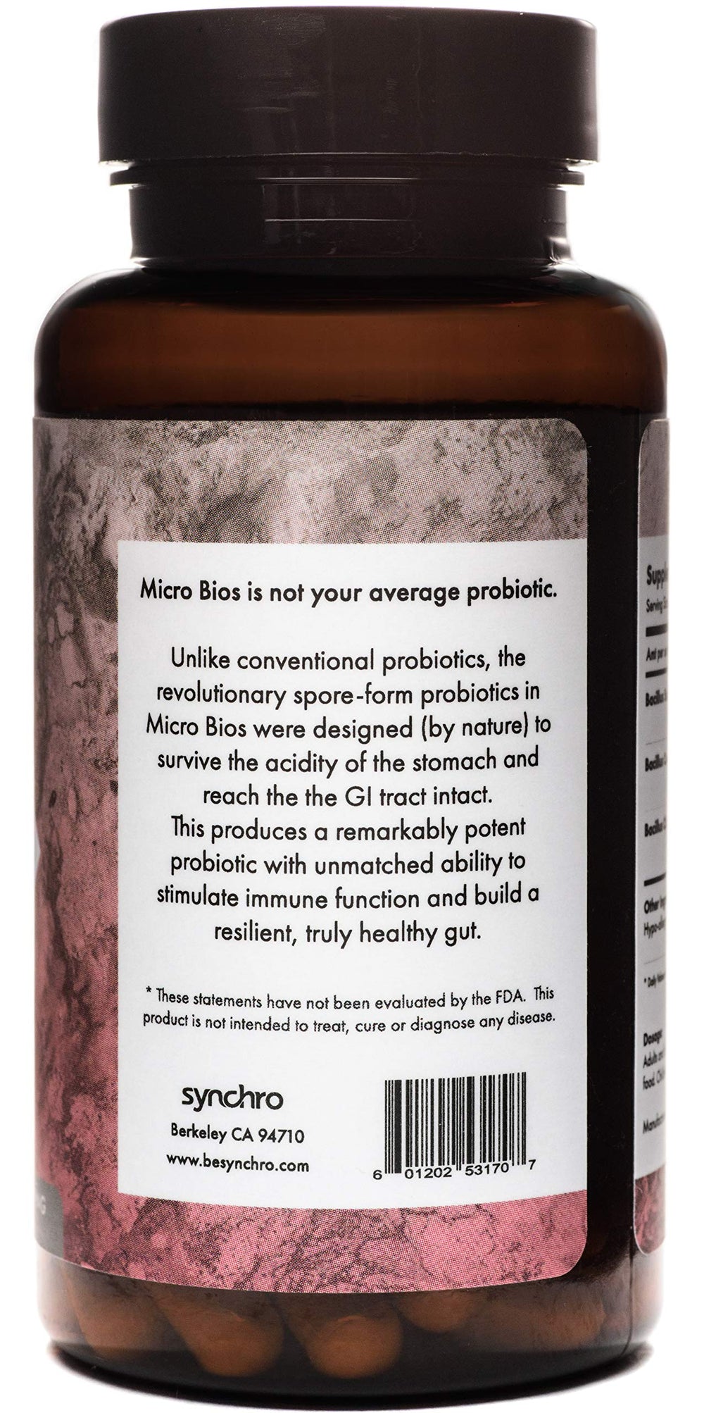 Synchro MicroBios label front showing strains for digestion and immunity.