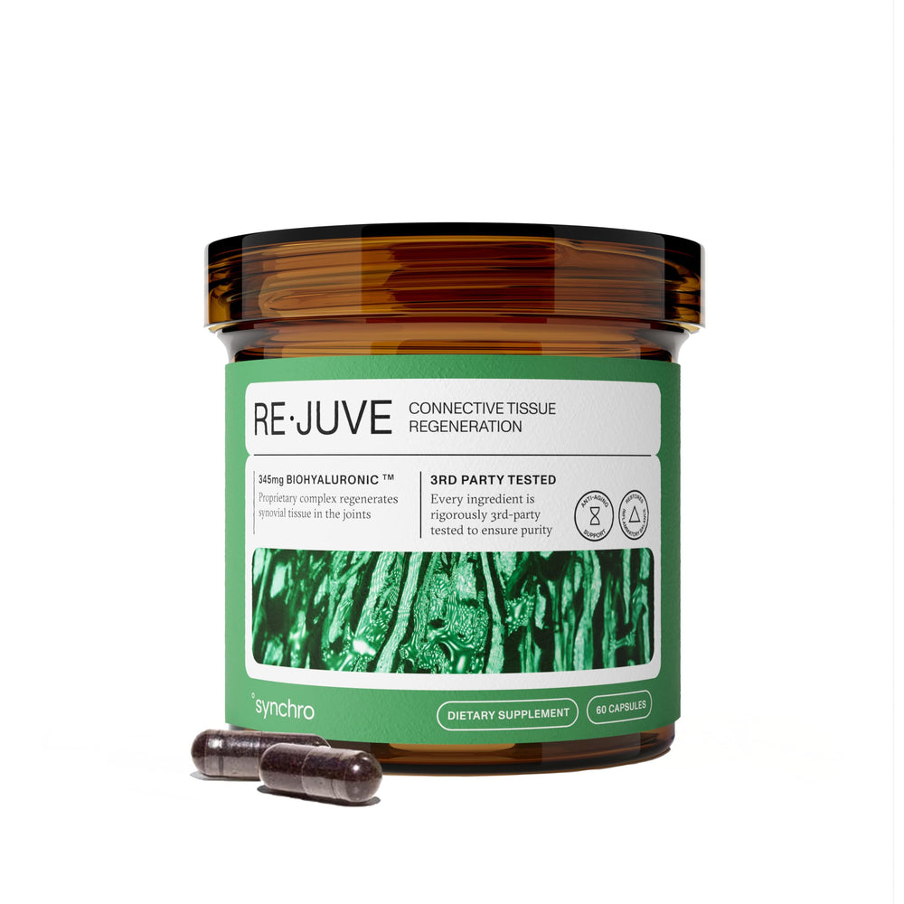 Synchro Rejuve bottle front displaying joint support formula for daily mobility.