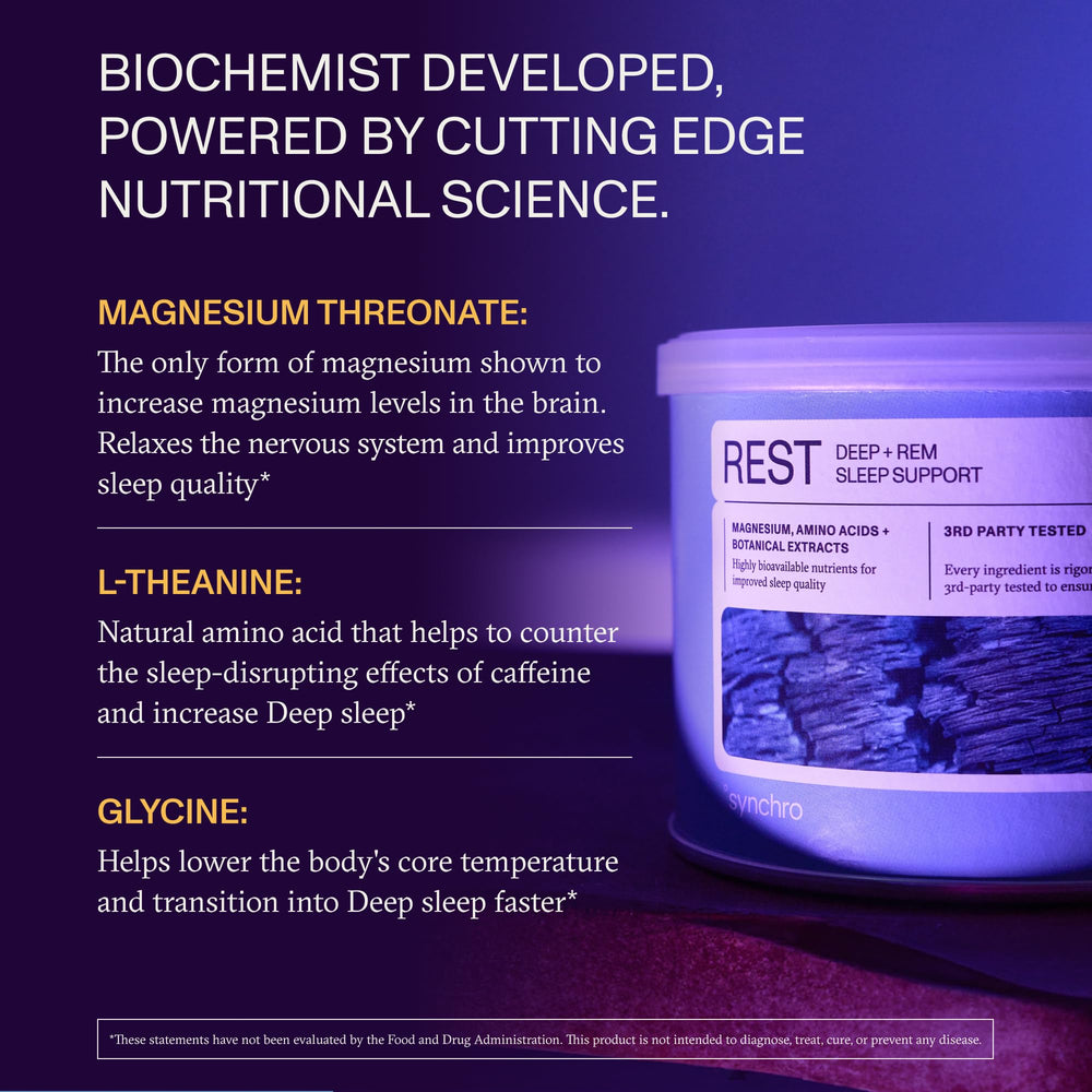 Synchro Rest Sleep no melatonin formula indicating non-sedative night option