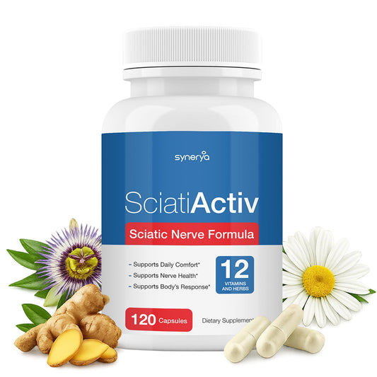 SYNERYA Sciati Alpha Lipoic Acid bottle supports sciatic nerve comfort and mobility.