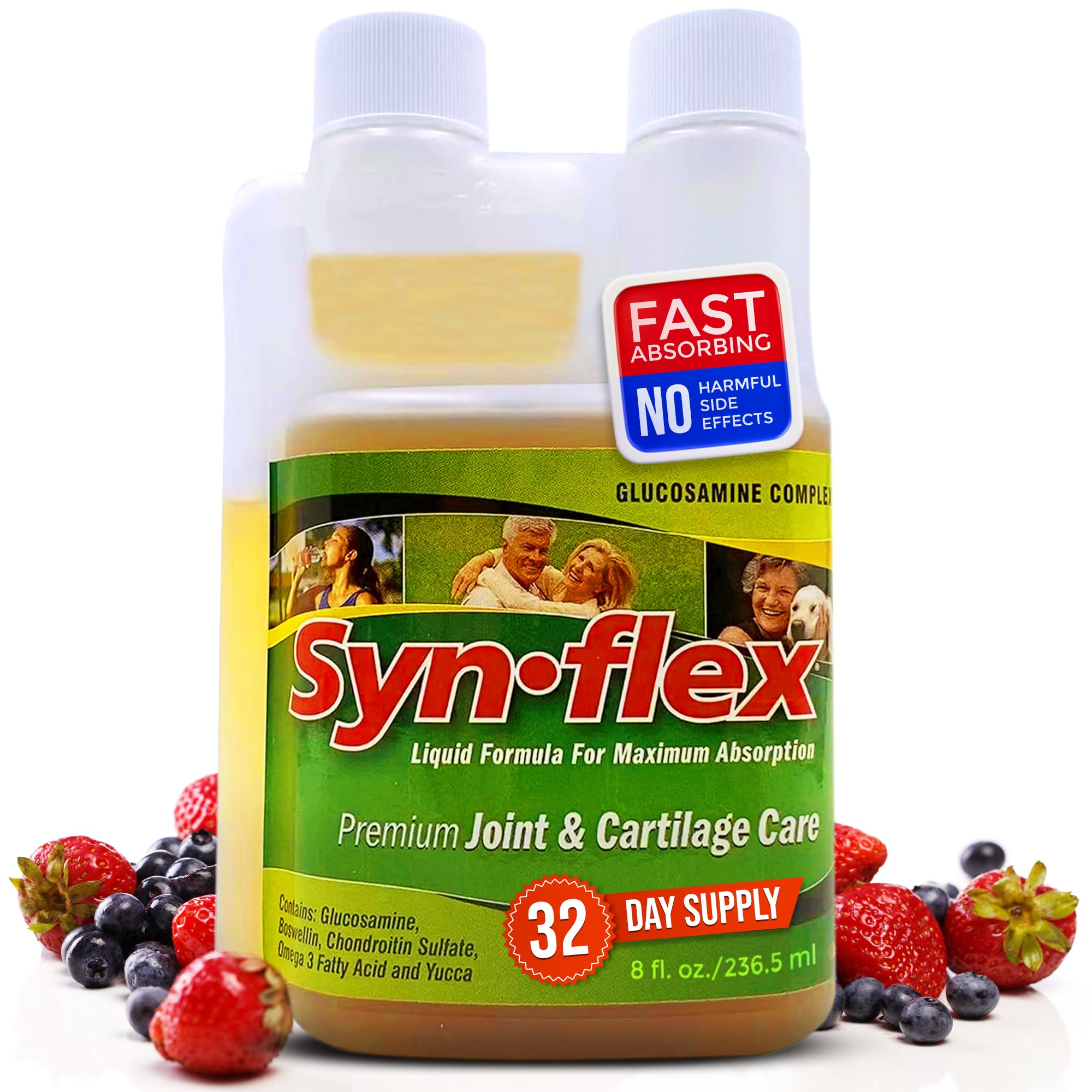 Synflex bottle pour shows a berry liquid ideal for daily joint support.