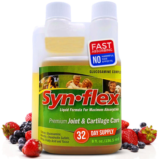 Synflex bottle pour shows a berry liquid ideal for daily joint support.