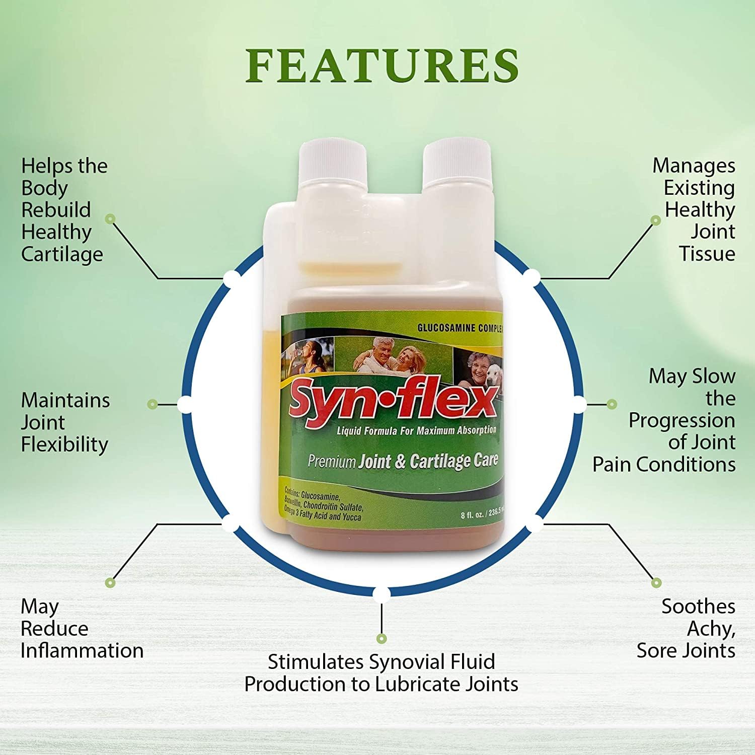 Synflex bottle with berry flavor showcases convenient liquid supplement.
