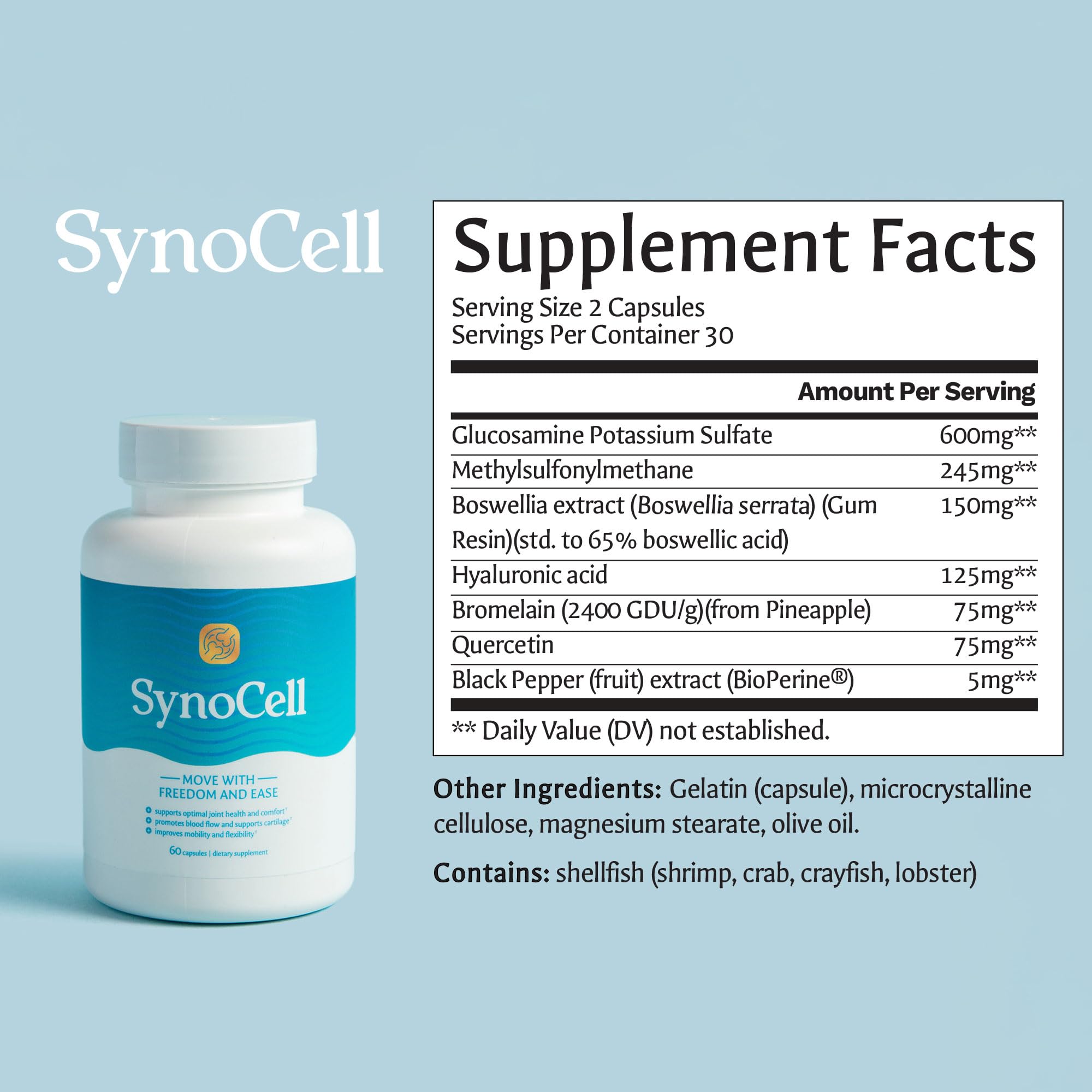 Synocell chondroitin capsules with Boswellia illustrate natural joint support.