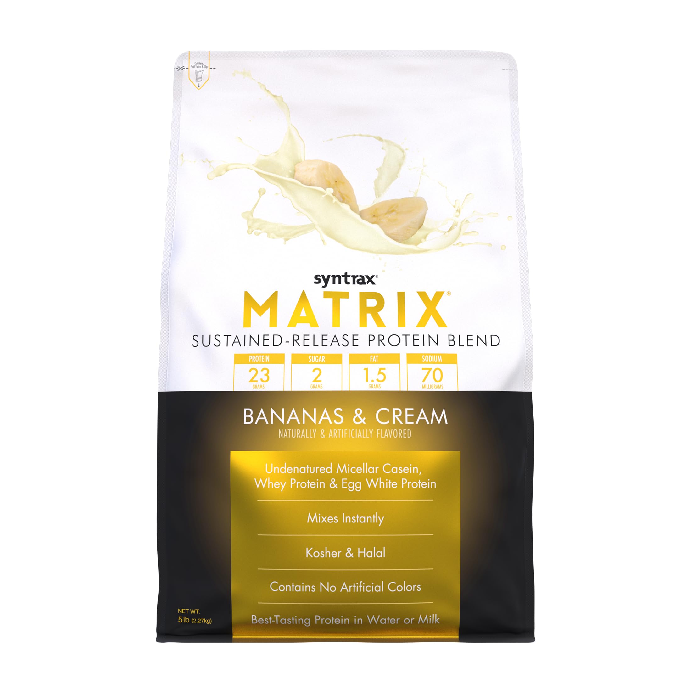Syntrax Matrix banana cream 5lb bag highlights a sustained-release protein blend for steady fuel.