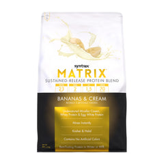 Syntrax Matrix banana cream 5lb bag highlights a sustained-release protein blend for steady fuel.