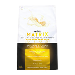 Syntrax Matrix banana cream powder packaging showing convenient, sustained fueling.
