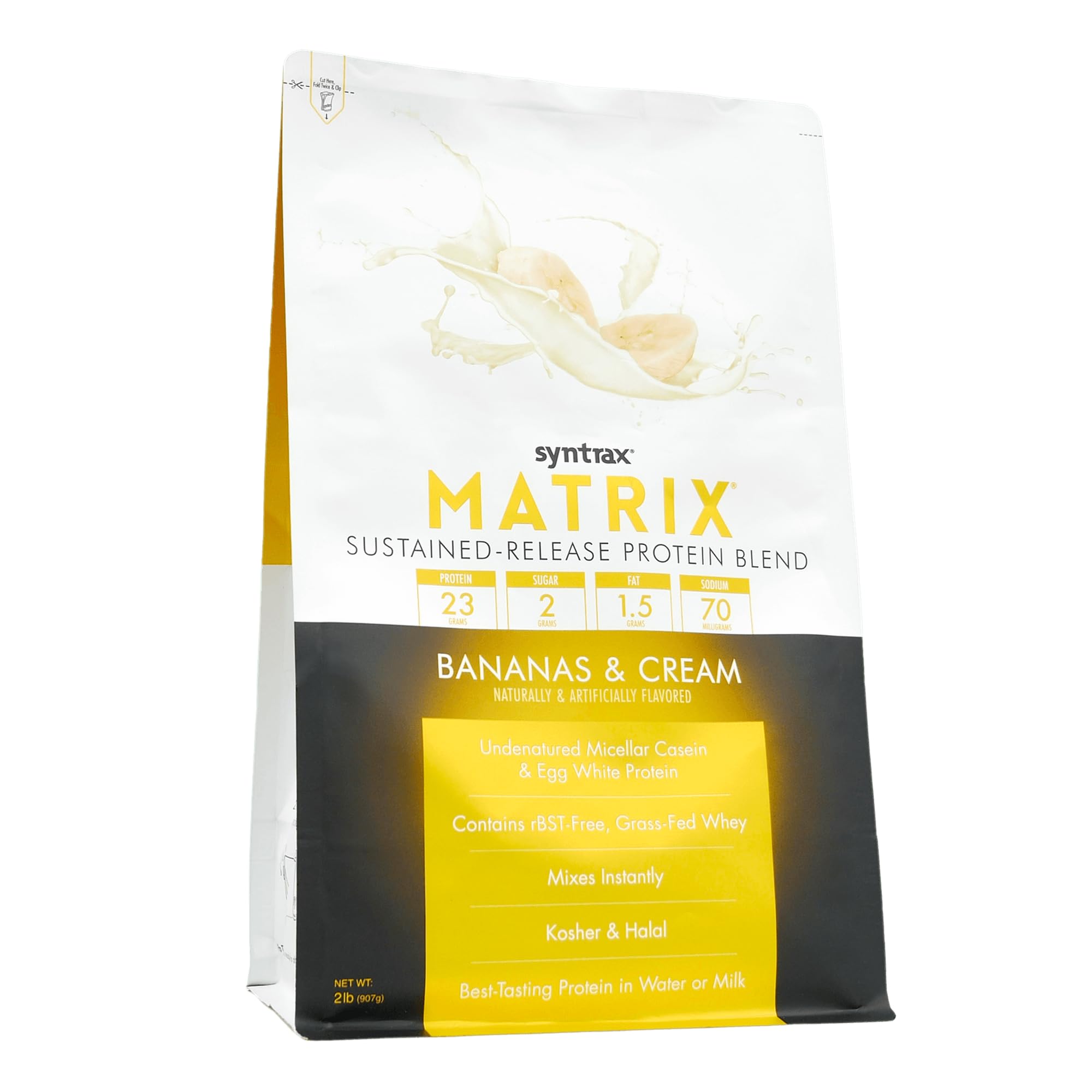 Syntrax Matrix banana cream scoop in a glass demonstrates quick post-workout shakes.