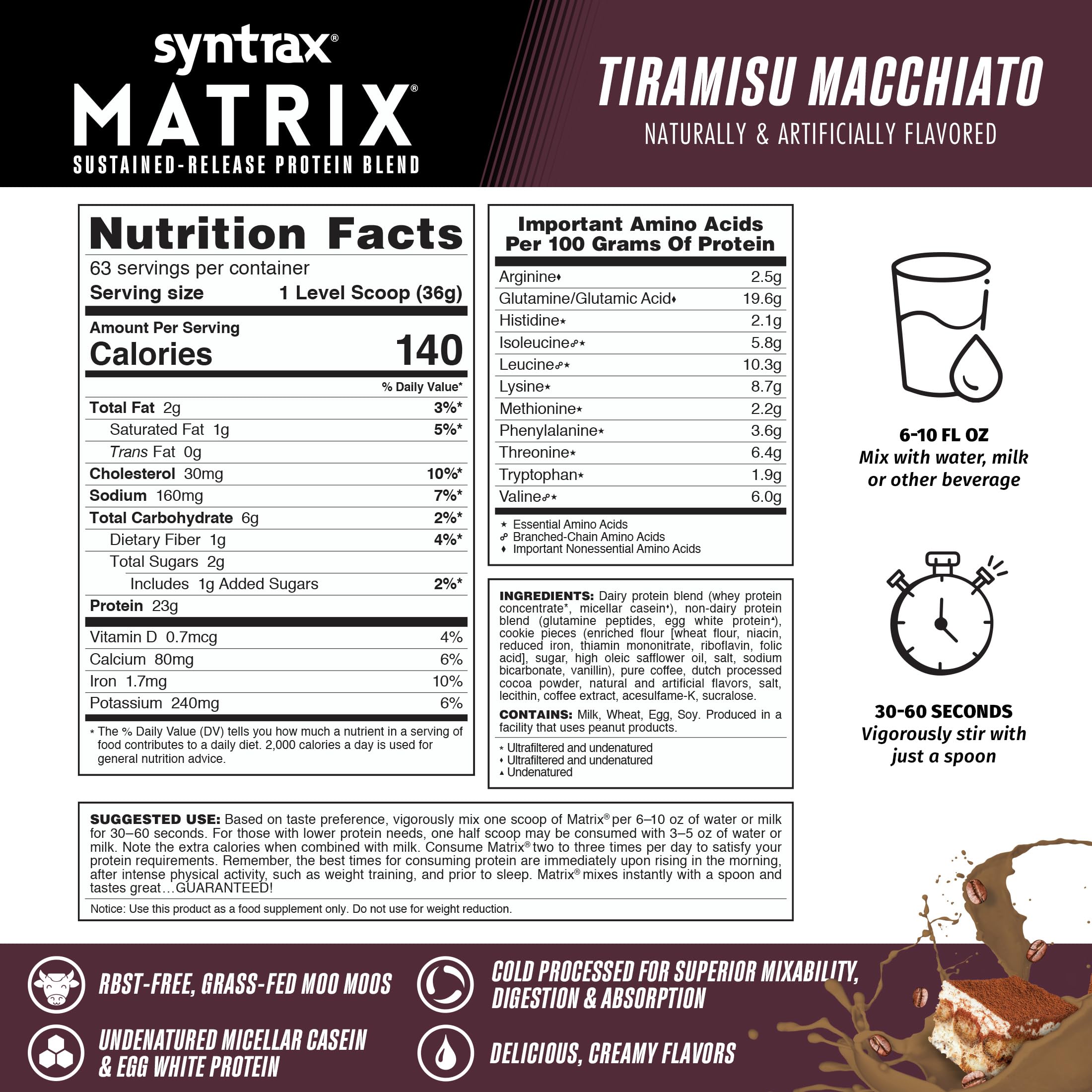 Syntrax Matrix ingredients panel highlighting whey, casein, and egg white protein variety