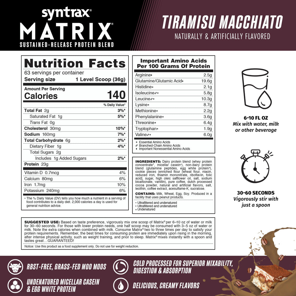 Syntrax Matrix ingredients panel highlighting whey, casein, and egg white protein variety