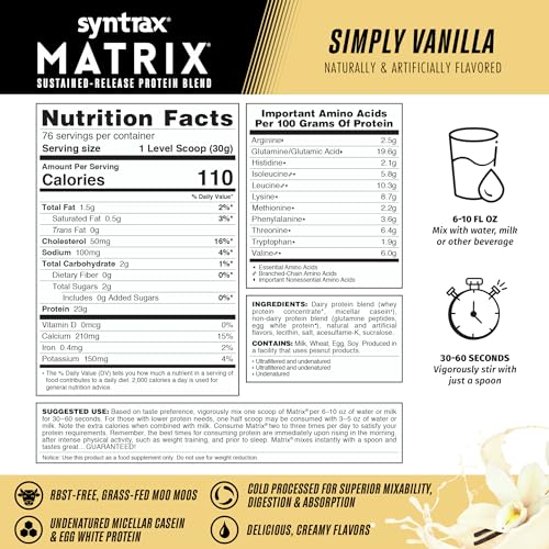 Syntrax Matrix instant mix dissolves quickly in water or milk for easy shakes.