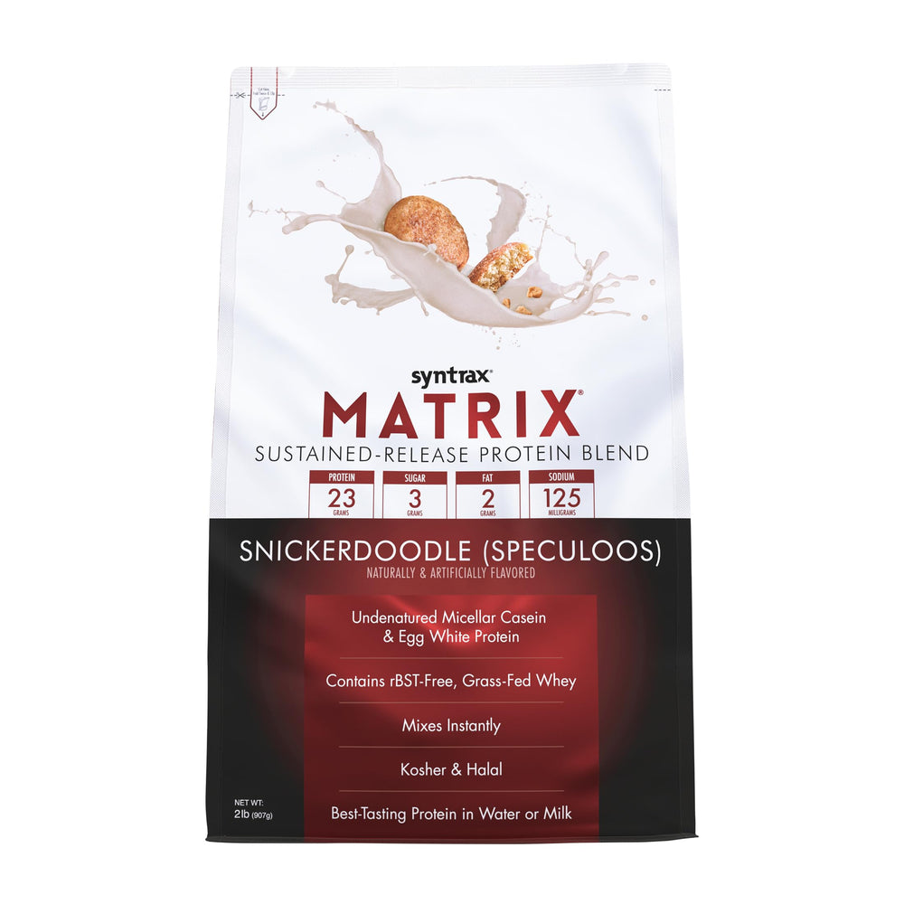 Syntrax Matrix container displaying a premium sustained-release protein blend for shakes.