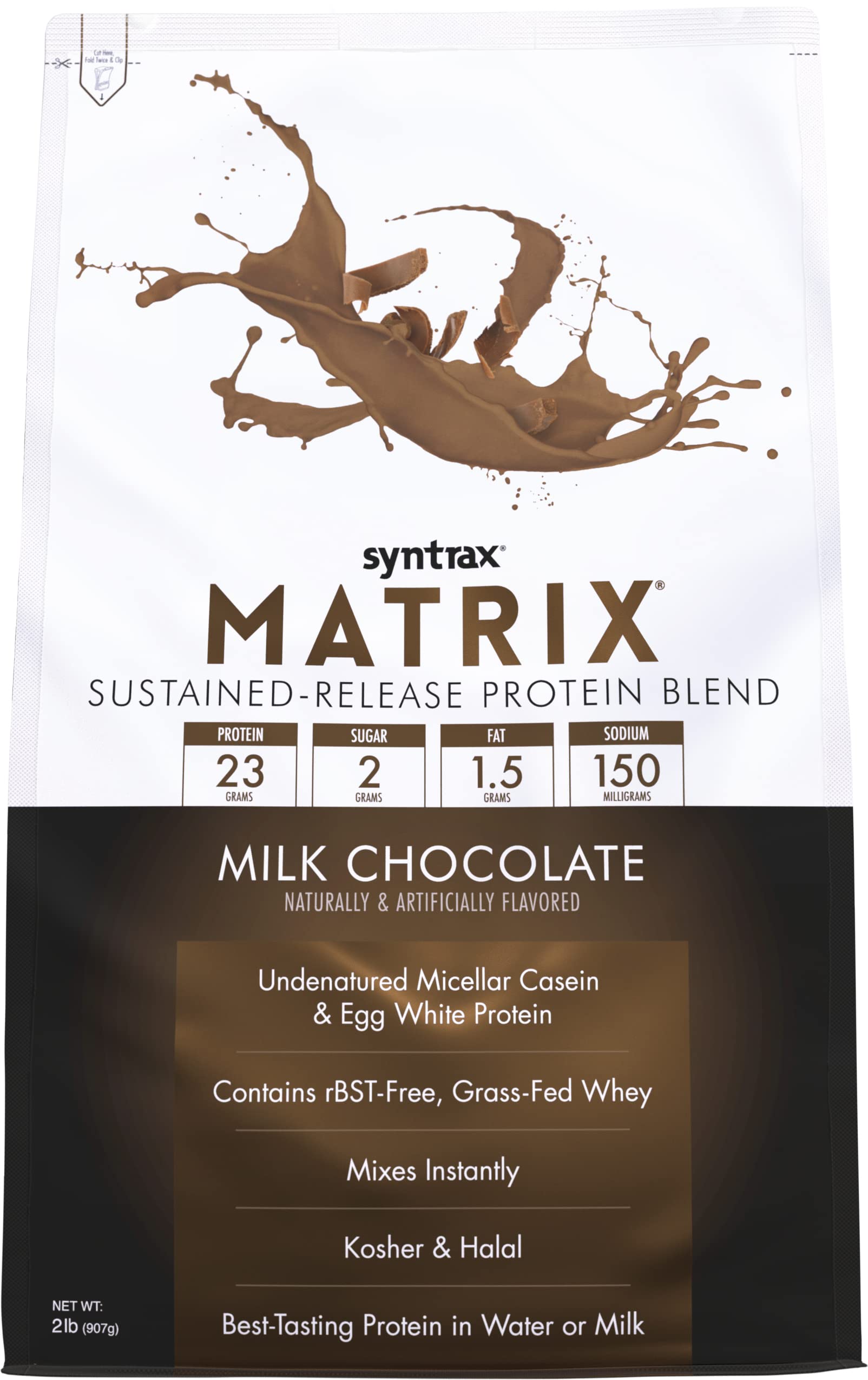 Syntrax Matrix front packaging highlights a sustained-release protein blend for steady daily recovery.