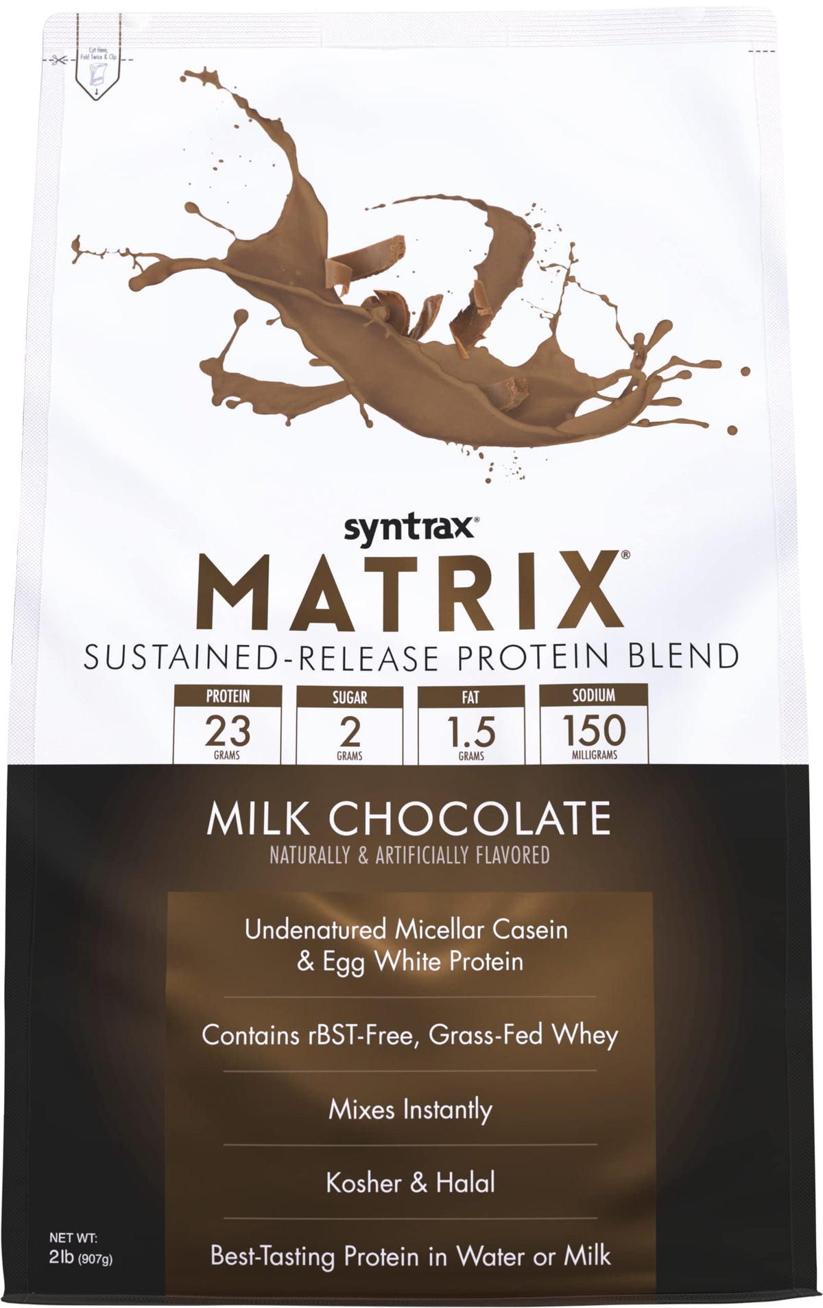Syntrax Matrix front packaging highlights a sustained-release protein blend for steady daily recovery.