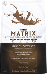 Syntrax Matrix front packaging highlights a sustained-release protein blend for steady daily recovery.