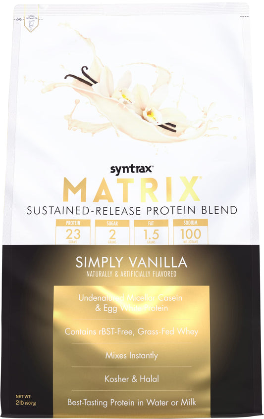 Syntrax Matrix bottle showcasing sustained-release protein for convenient daily shakes.