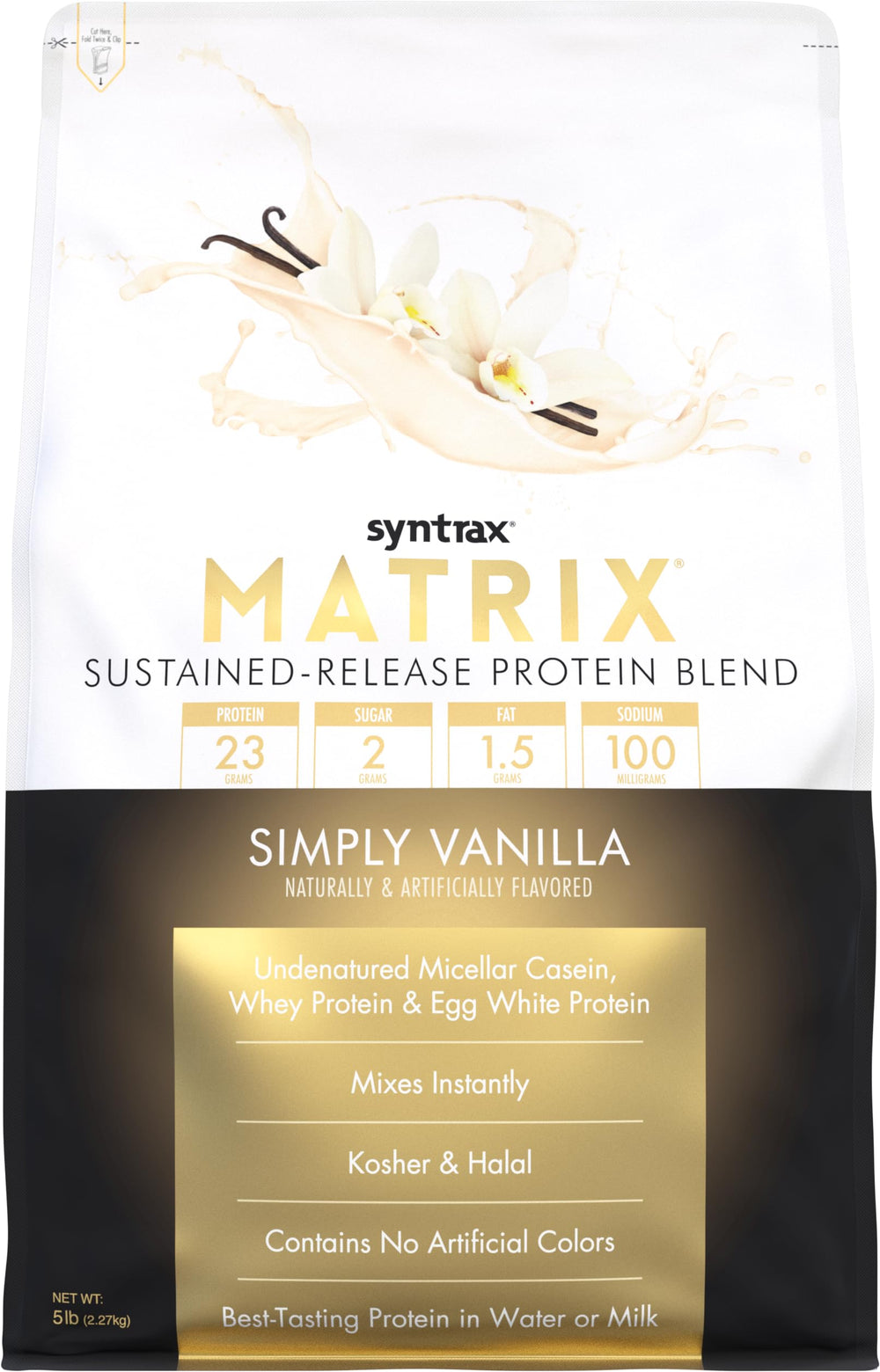 Syntrax Matrix vanilla 5lb bottle with sustained-release protein for steady workouts.