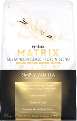 Syntrax Matrix vanilla 5lb bottle with sustained-release protein for steady workouts.