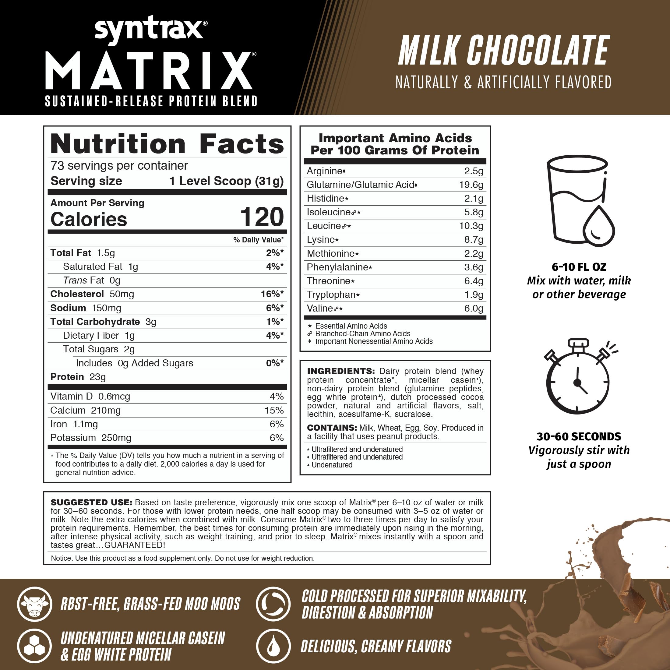 Matrix blends whey, micellar casein and egg white for steady protein delivery.