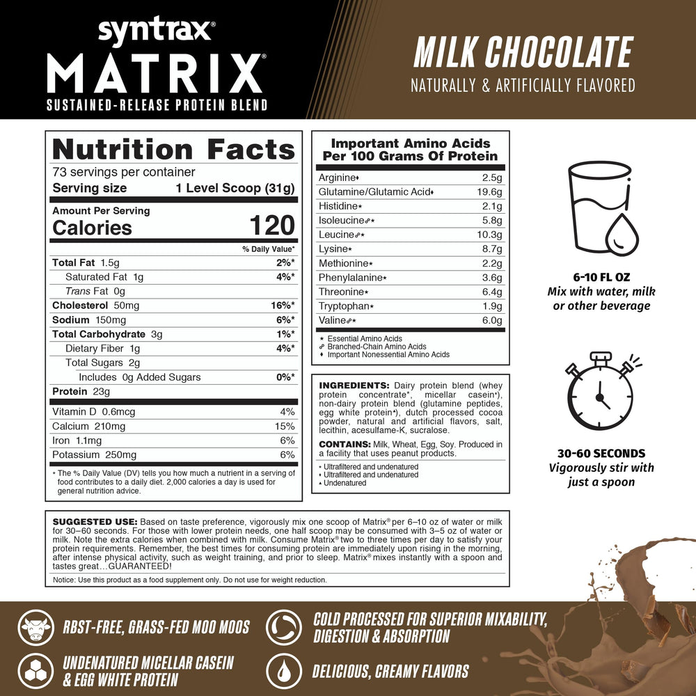Matrix blends whey, micellar casein and egg white for steady protein delivery.