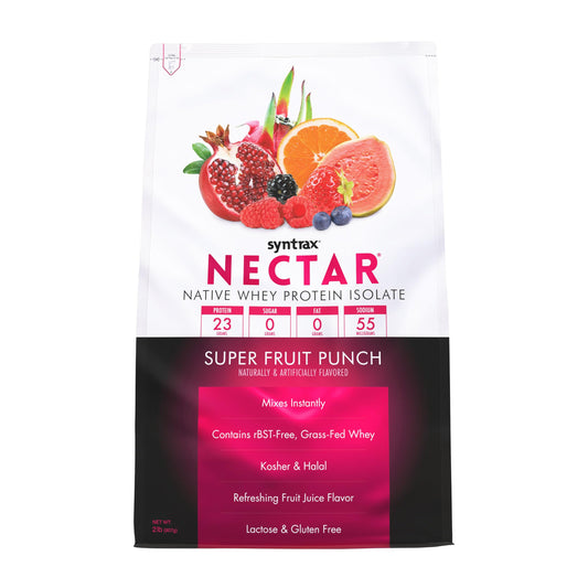 Syntrax Nectar bottle pouring a fruity flavor, zero sugar option for daily protein.