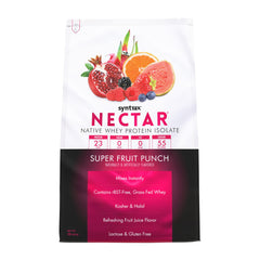 Syntrax Nectar bottle pouring a fruity flavor, zero sugar option for daily protein.