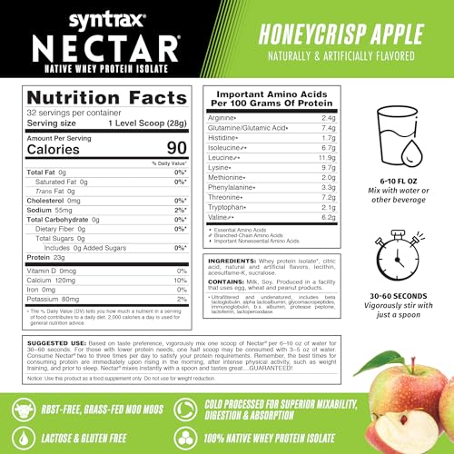 Syntrax Nectar Fuzzy Navel powder tub, lactose-free and gluten-free option.