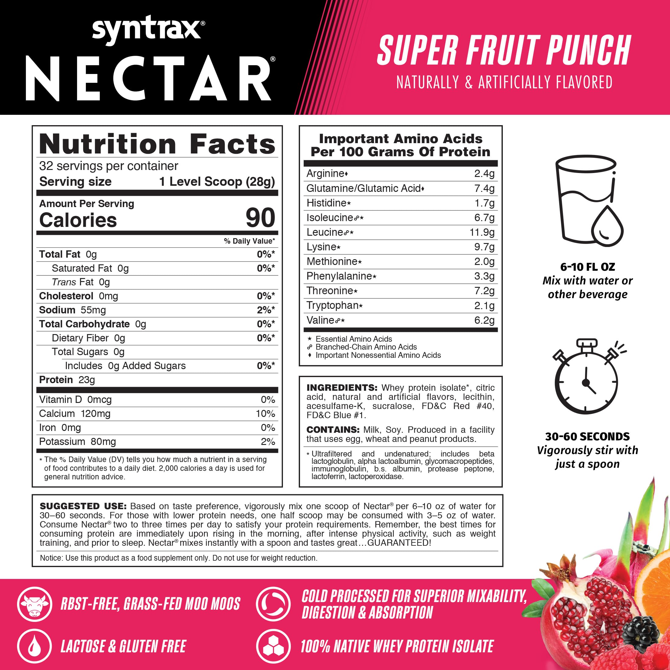 Syntrax Nectar glass shows juice-like drink, lactose- and gluten-free.