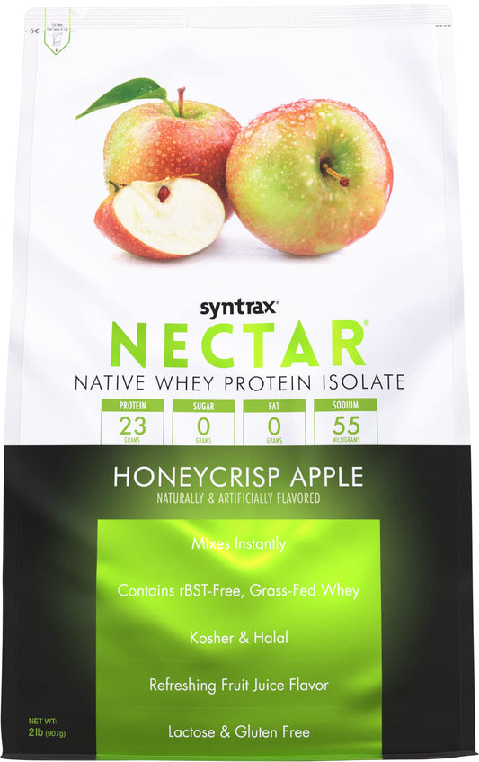 Syntrax Nectar Honeycrisp Apple powder tub, refreshing flavor and quick mix for daily shakes.