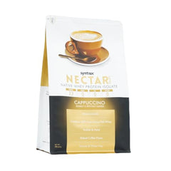 Syntrax Nectar Lattes Cappuccino cup with foam for quick breakfast protein.