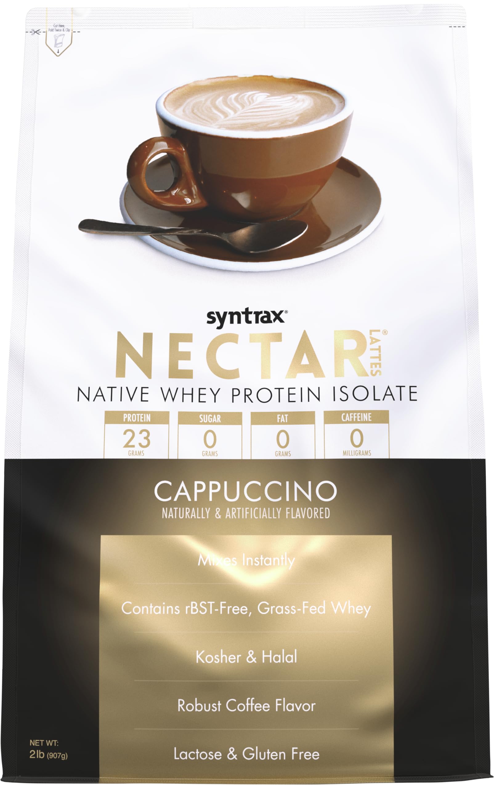 Syntrax Nectar Lattes Cappuccino tub front view, rich protein coffee boost for post-workout.