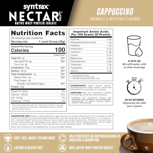 Syntrax Nectar Lattes powder bottle close-up, lactose-free daily shake choice.