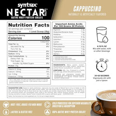Syntrax Nectar Lattes powder bottle close-up, lactose-free daily shake choice.