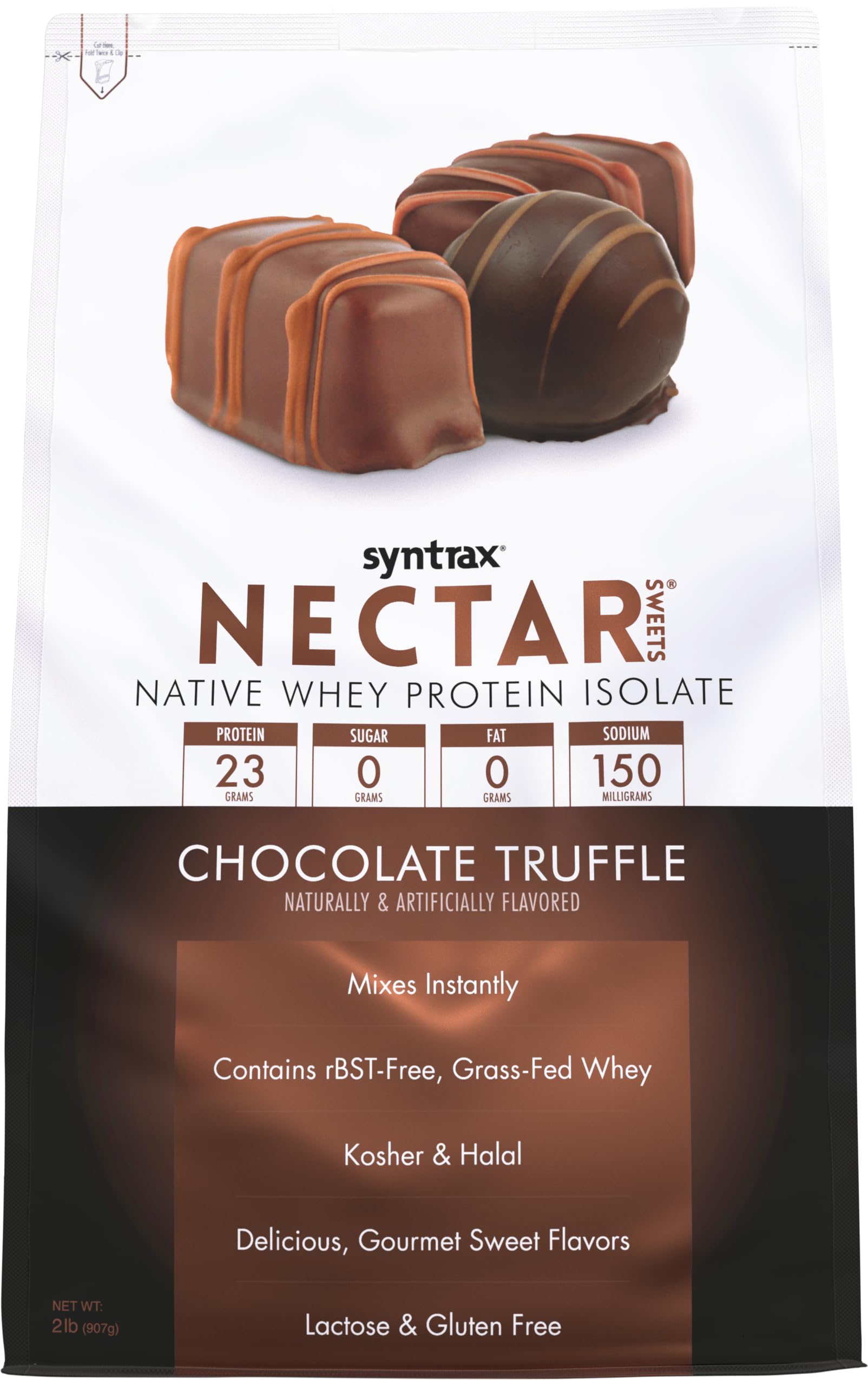 Syntrax Nectar Sweets chocolate truffle powder container highlights zero carbs and zero fat.