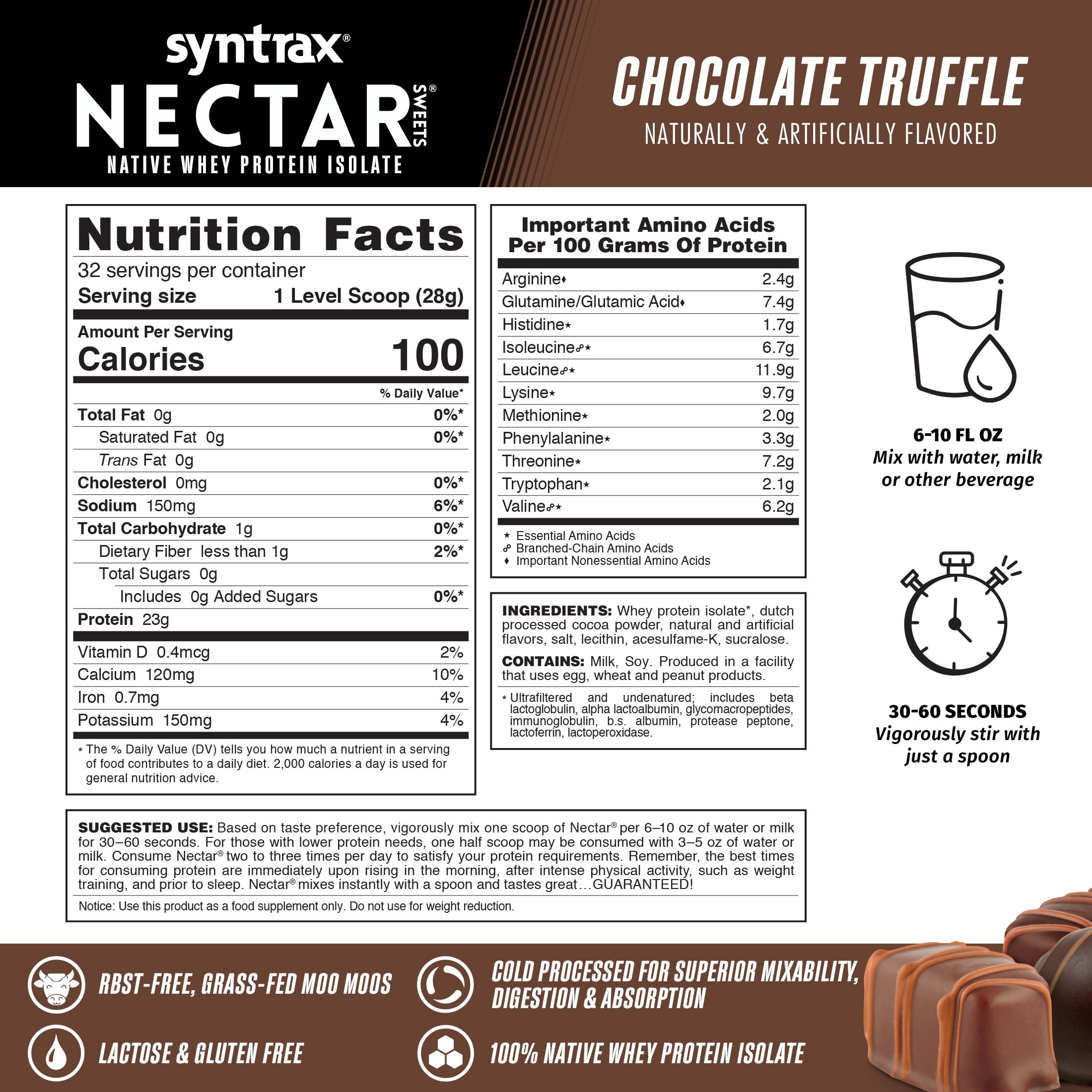 Glass of milk with Nectar Sweets chocolate truffle showing a gourmet protein shake.