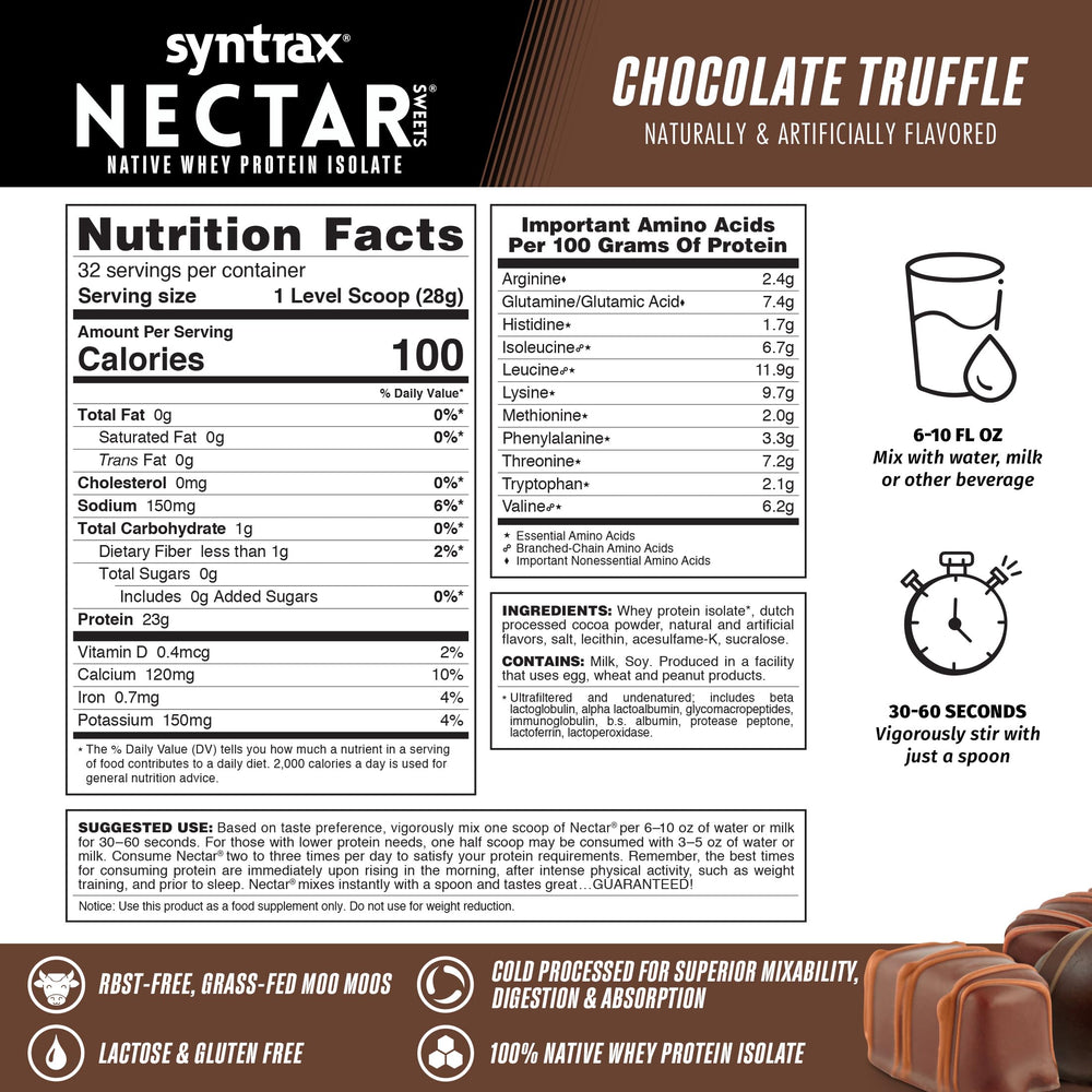 Glass of milk with Nectar Sweets chocolate truffle showing a gourmet protein shake.