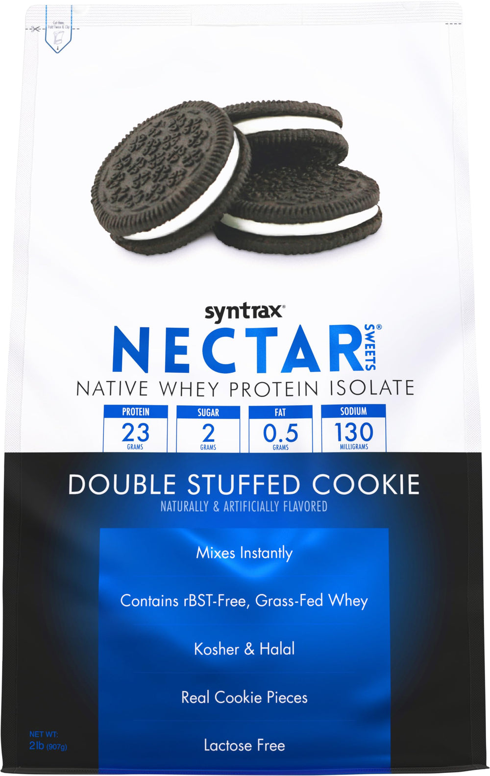Syntrax Nectar Sweets Double Stuffed Cookie tub shows indulgent flavor and protein convenience.