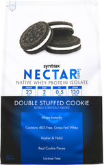 Syntrax Nectar Sweets Double Stuffed Cookie tub shows indulgent flavor and protein convenience.