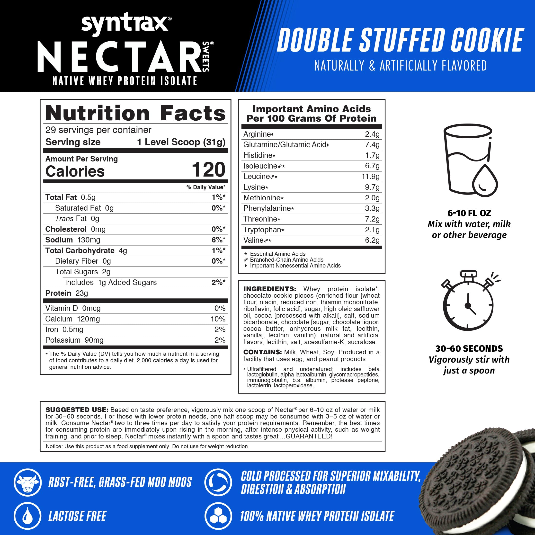 Syntrax Nectar Sweets shake in glass demonstrates instant mixability with water or milk.