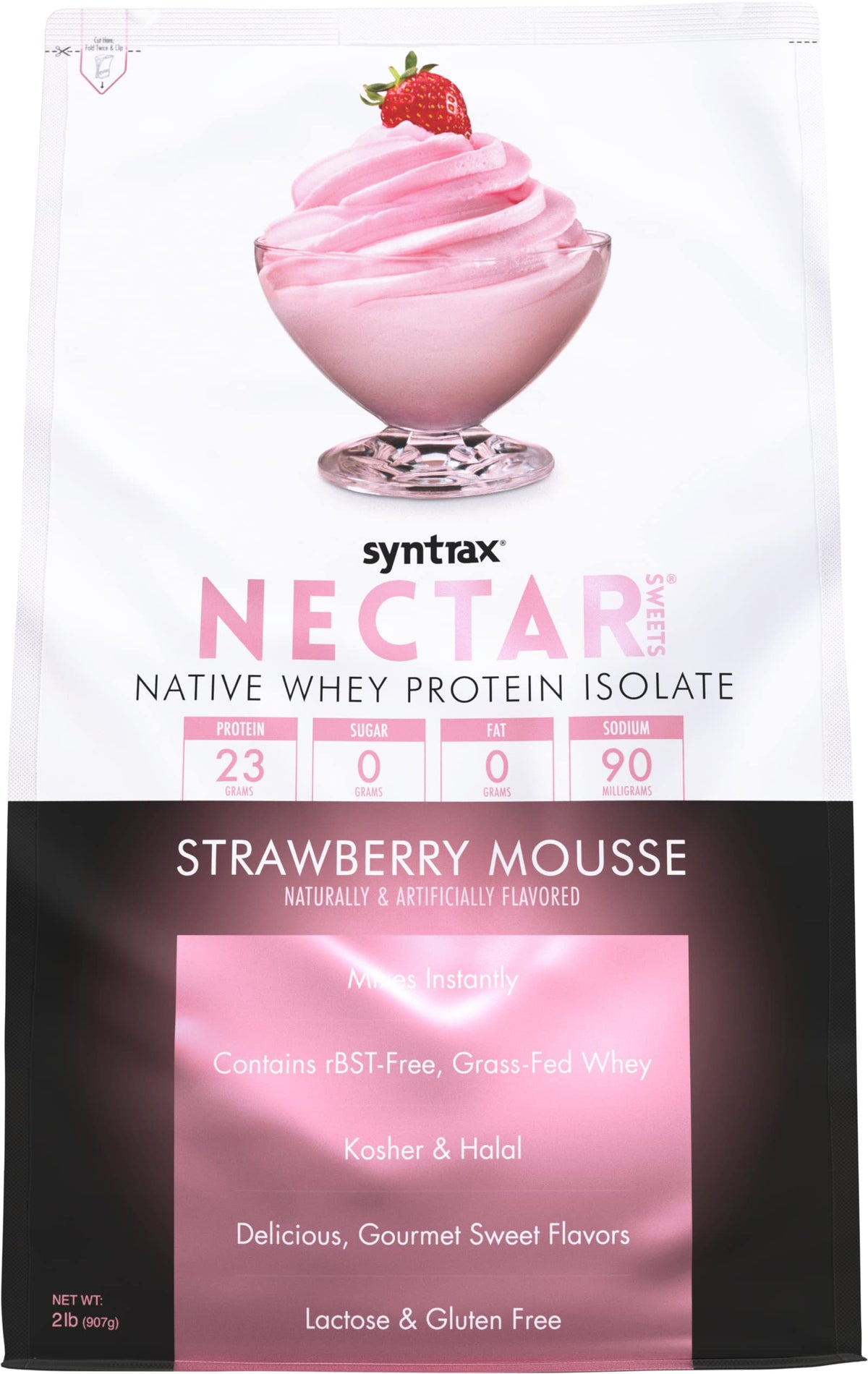 Syntrax Nectar Sweets Strawberry Mousse bottle pouring a zero-carb protein shake
