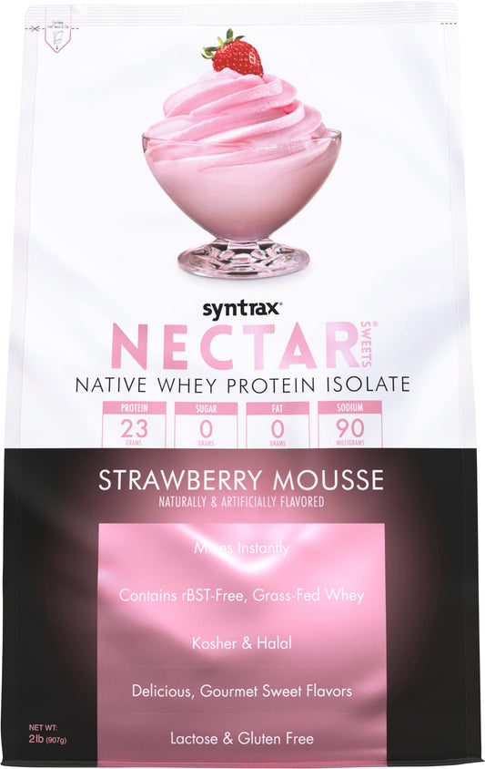 Syntrax Nectar Sweets Strawberry Mousse bottle pouring a zero-carb protein shake