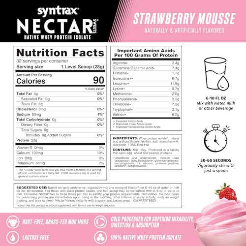 Syntrax Nectar Sweets Strawberry Mousse canister close-up showing nutrition