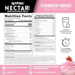 Syntrax Nectar Sweets Strawberry Mousse canister close-up showing nutrition