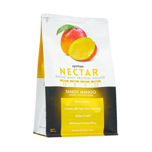 Syntrax Nectar Tangy Mango powder-dispense close-up showing instant mix.