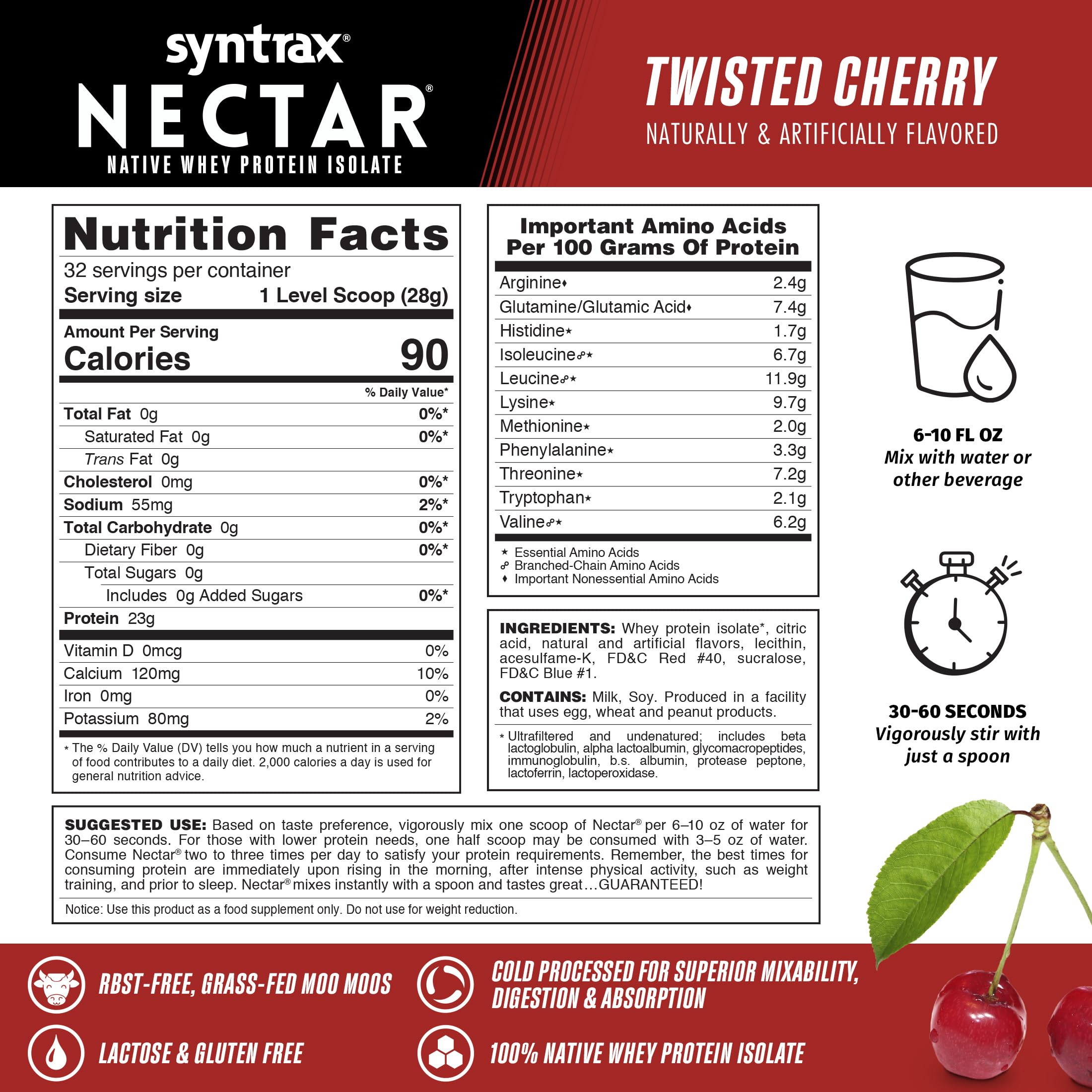 Syntrax Nectar Twisted Cherry glass-shake demonstrates refreshing protein drink.